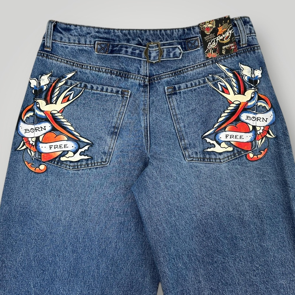 NEW Ed Hardy Jeans Womens 30 Blue Loose Wide‎ Leg Retro Med Born Free Graphic
